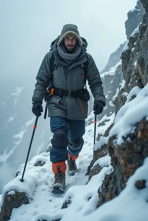 a determined man climbing a high mountain. He is dressed in clothes appropriate for the harsh weather., a coat resistant to cold and wind, waterproof material pants, and sturdy boots with deep studs to ensure traction on rocky and slippery surfaces. In the...