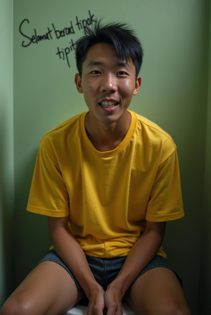 Real photo. young man with Indonesian face wearing a yellow t-shirt. sitting on the toilet, his pants were down to his feet, his facial expression was a blank stare with his mouth open, as if he was defecating. On the back there is paper writing "SELAMAT B...