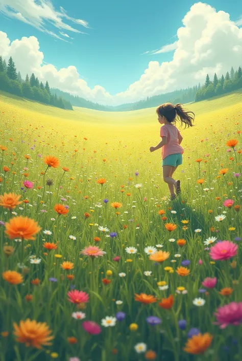 A wide big ethereal aesthetic field of wild flowers of different colours, shapes, types. Girl running through the middle faraway. Ethereal aesthetic. Very beautiful. Wide, broad, landscape mode frame. Natural nature realistic 