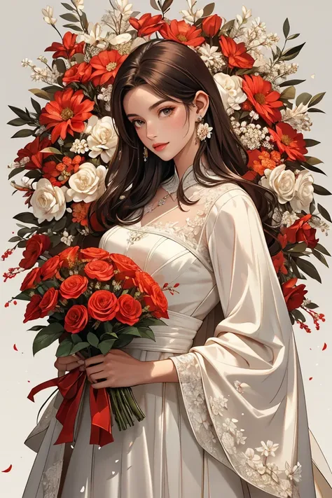 This image depicts a person with long, dark hair wearing a white outfit. They are holding a bouquet of vibrant red flowers, interspersed with a few small, white flowers. The bouquet is tied with a red ribbon, adding a touch of elegance to the overall prese...