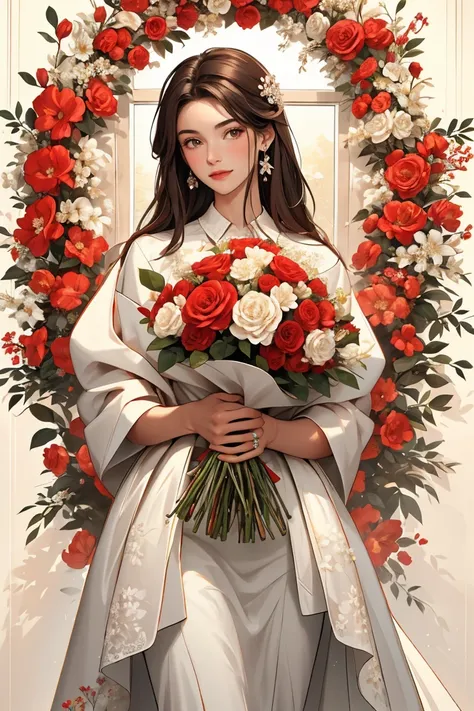 This image depicts a person with long, dark hair wearing a white outfit. They are holding a bouquet of vibrant red flowers, interspersed with a few small, white flowers. The bouquet is tied with a red ribbon, adding a touch of elegance to the overall prese...