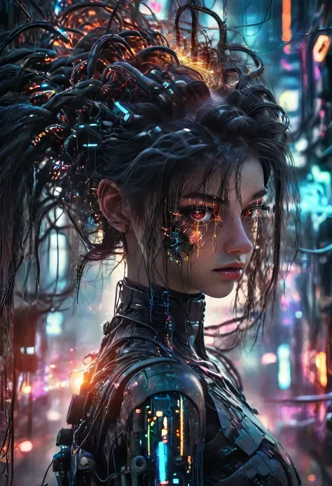 a beautiful cybernetic girl with strands of neural networks in her hair, futuristic, ultra detailed, 8k, best quality, photoreal...