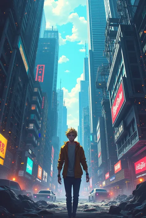 movie poster for an animated series about people being trapped in a game and the world glitching and slowly falling apart, main character is a blond male, anime style