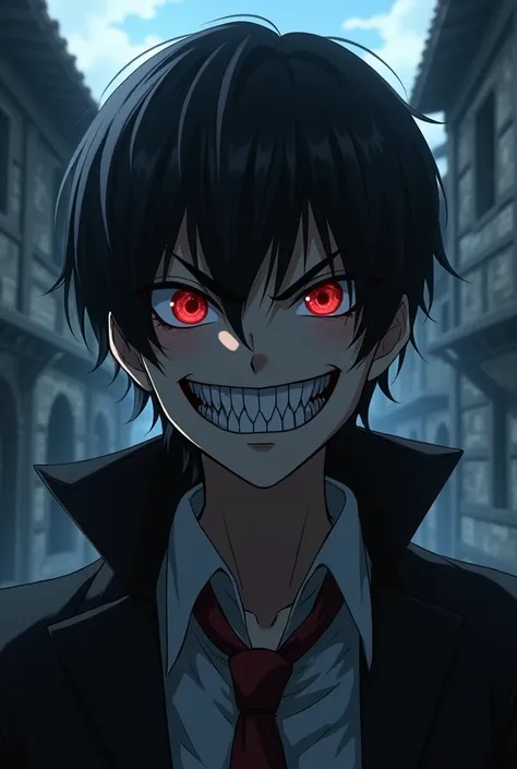 Anime style boy, aged 23, very straight hair with a fringe in the front, Caucasian skin, medieval plebeian style, very wide mouth almost reaching the ear, sharp teeth and a dark aura around him with a villainous air, with a discreet smile 