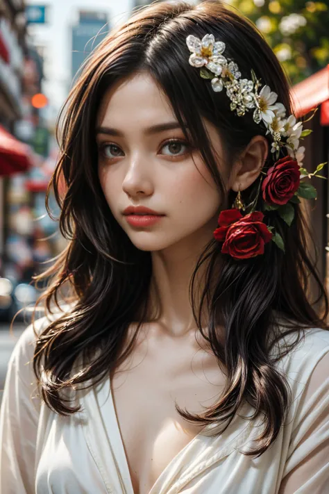 This image depicts a person with long, dark hair wearing a white outfit. They are holding a bouquet of vibrant red flowers, interspersed with a few small, white flowers. The bouquet is tied with a red ribbon, adding a touch of elegance to the overall prese...