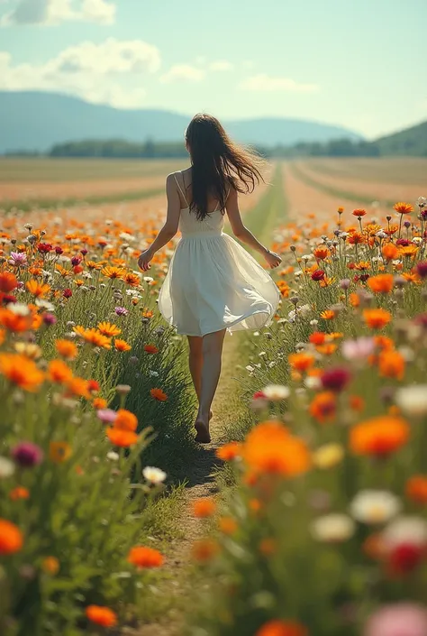 A wide big ethereal aesthetic field of wild flowers of different colours, shapes, types. Girl on flowy white dress running through the middle faraway. Candid. Ethereal aesthetic. Very beautiful. Wide, broad, landscape mode frame. Natural nature realistic 