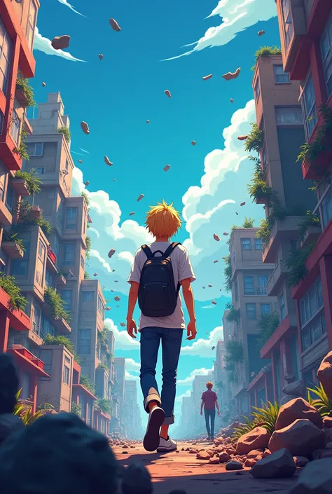 movie poster for an animated series about people being trapped in a game and the world glitching and slowly falling apart, main character is a blond male, anime style