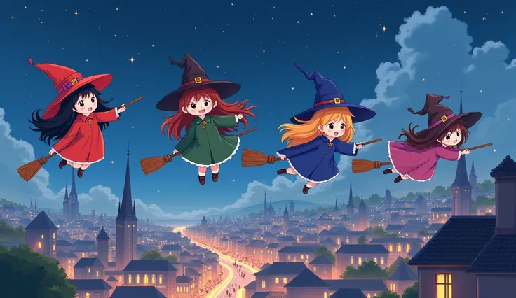 cute witches flying over the city illustration, anime, night, 