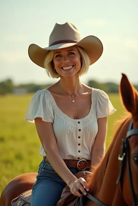 A captivating Caucasian woman with a radiant complexion and a natural smile, aged 40, blond, her short-cropped hair frames her heart-shaped face while her symmetrical eyes sparkle with warmth.


Shes on a horse in a meadow, wearing a cowboy-style hat.


Wi...