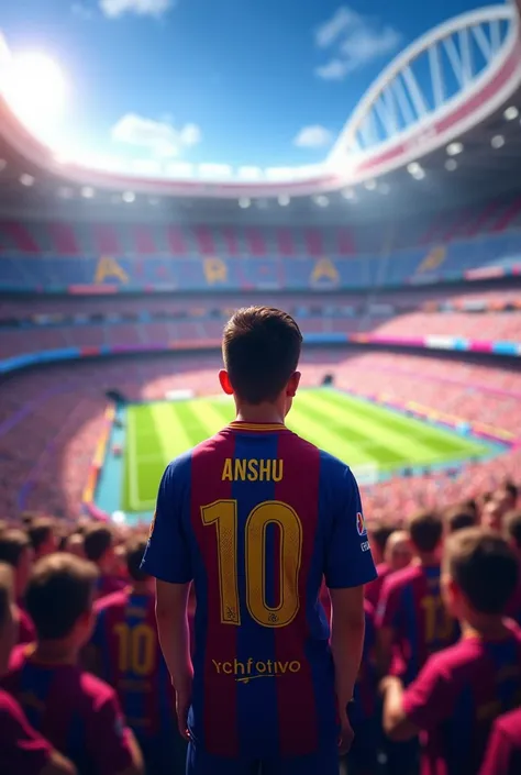 A football stadium full of fans
And Im wearing a Barcelona jersey back side wremy name "Anshu" jersey number "10" stadium full of fans 