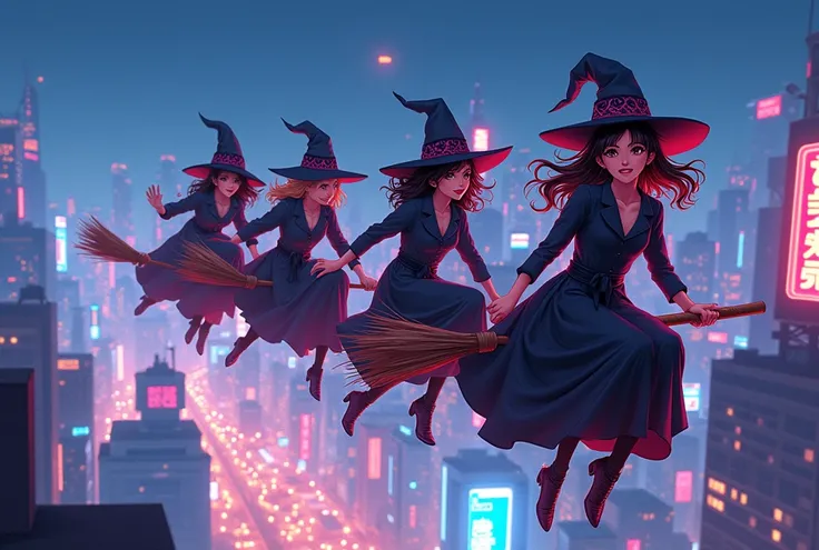 witches flying over the city illustration, anime, night,