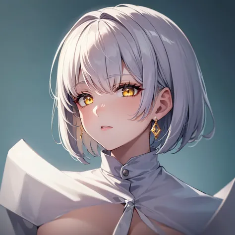 1 girl, a high resolution, very short hair, White hair, earrings, yellow eyes.Pupils in the shape of a symbol,Mens hairstyle,17 years,cute face