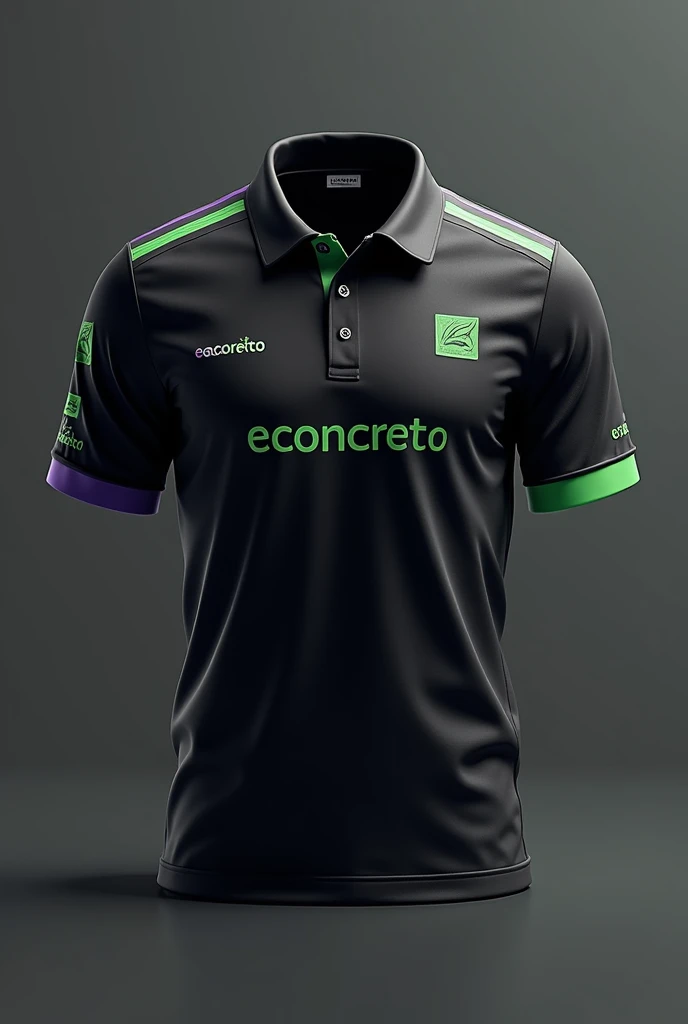 Sports polo shirt for environmental engineering and systems engineering in black with purple and green that says “ECONCRETO” ++”