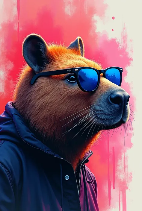 Ink painting of A avatar for a dj producer and rapper with face of a CAPYBARA with Neon bar sunglasses. Image like a side look. more detail, enhanced_ink-painting