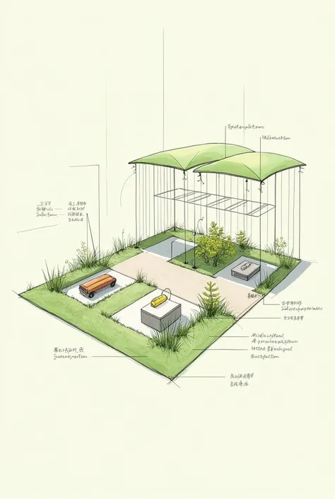 Create a simple, low-scale sketch of the following project showing the floor plan and connectors. "Generation of electricity through natural photosynthesis" that looks like it was created in a program and that is simple 