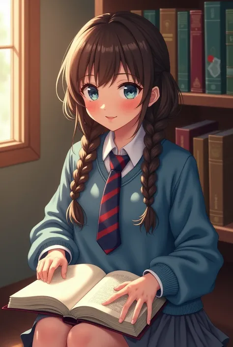 Drawing by ibispaint,  In the cozy corner of a school library, A 1 girl radiates tenderness and beauty. Her face is dotted with freckles that highlight her youthful freshness.. She wears her brown hair in two braids that fall softly over her shoulders.. hi...