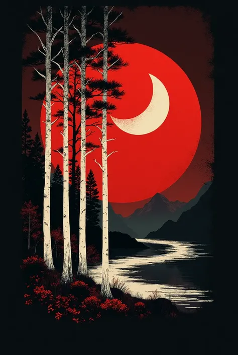 Create cool Asian Design red white black with tress and The Moon 