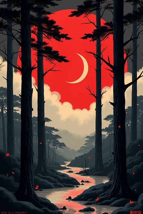 Create cool Asian Design red white black with tress and The Moon 