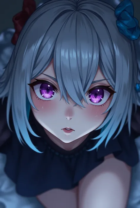 「{{{{{lize_helesta}}}}},grey hair ,blue hair ornament ,purple eyes ,blue colored inner hair,looking at viewer,skirt,close-up,from below ,underwear,mtu_virus,multiple views」