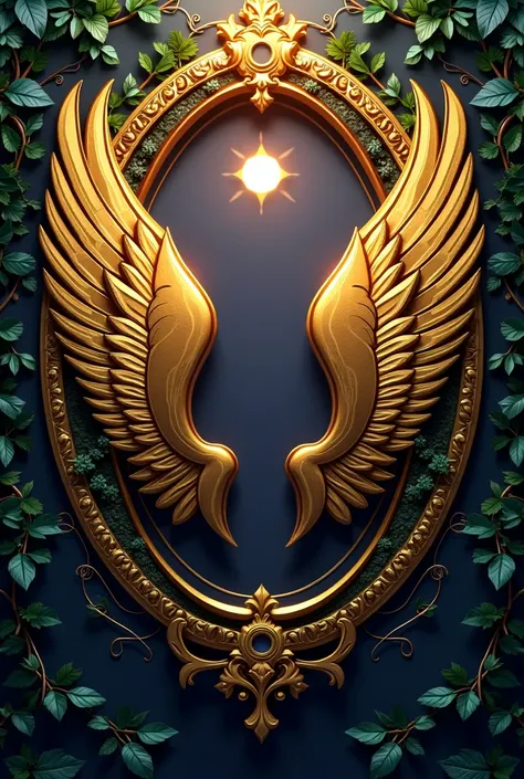 Profile logo type frame , snish with large golden shiny wings  , in the middle a small circle   , with vines around the circle , with gold, black and gold colors , Let a bright golden light come out above and illuminate the circle , the background of every...