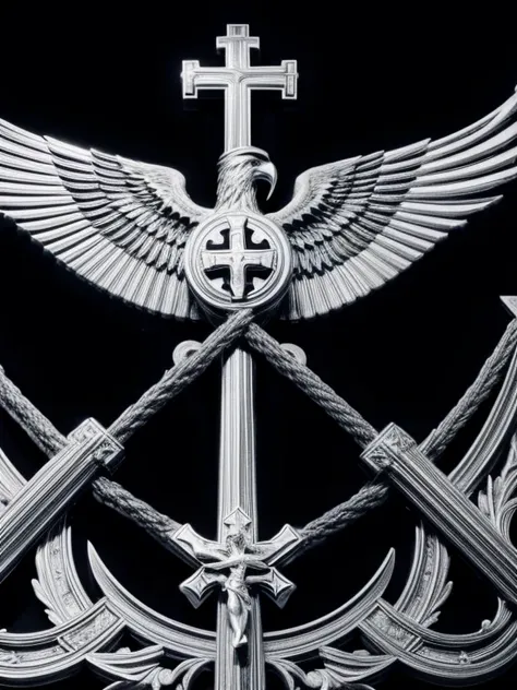 a flag of spain,catholic cross,eagle of saint john,black and white,masculinity,hyper detailed,photorealistic,studio lighting,sha...