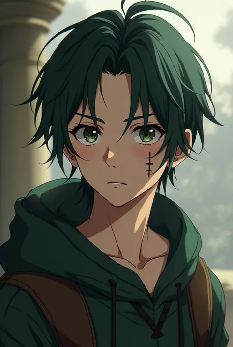 Anime style boy, aged 23, very straight hair with a fringe in the front, black in color with a dark greenish touch, Caucasian skin, medieval plebeian style, scar on the cheek similar to 