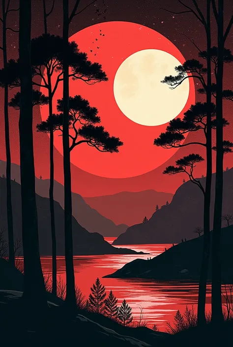 Create cool Asian Design red white black with tress and The Moon 