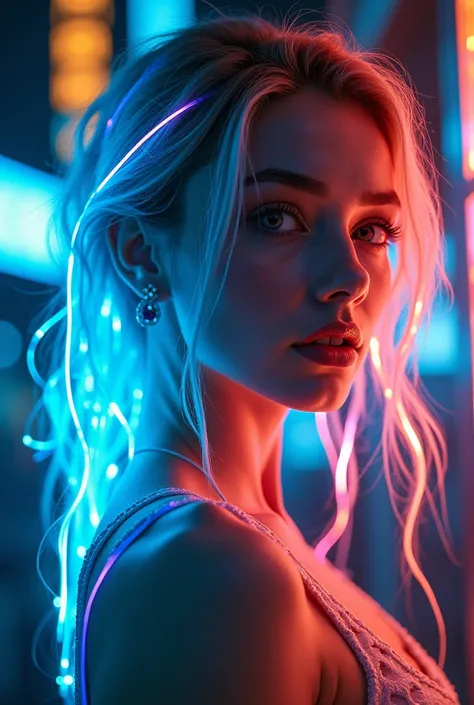 A captivating cyberpunk portrait of a woman with luminous, multicolored hair composed of vibrant neon filaments. Her face is illuminated by contrasting cyan and orange lights, highlighting piercing eyes and parted lips. Shes surrounded by an intricate web ...