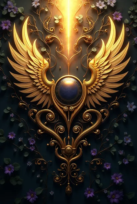 Profile logo type frame , snish with large golden shiny wings  , in the middle a small circle   , with vines around the circle with gold, black and gold colors , Let a bright golden light come out above and illuminate the circle , the background of everyth...