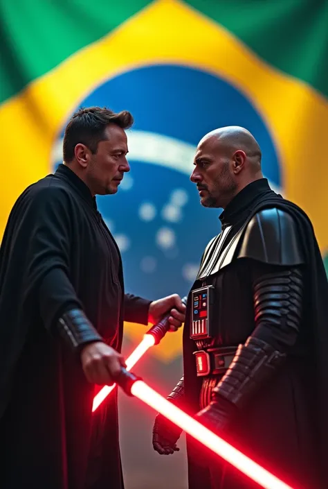 A jedy Elon Musk exterminating a bald Darth Vader Alexandre de Moraes in a battle with the Brazilian flag in the background. 