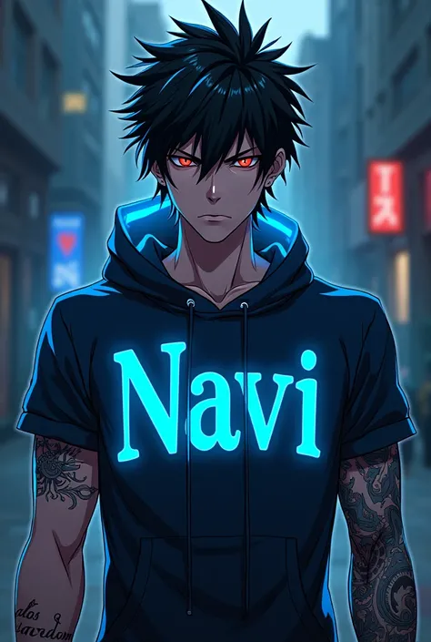 Create an anime man wearing a large black outfit with the name NAVI on the neon blue outfit, with tattoos on their arms, anime styling, Bblack hair
