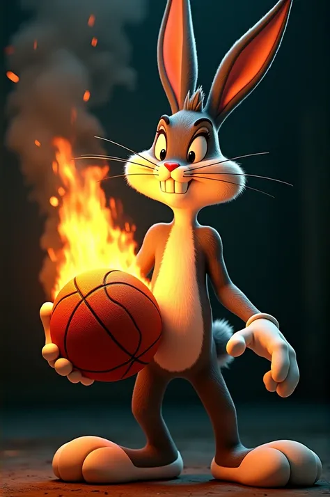 Bugs Bunny with a serious expression and a basketball in his hand with fire 