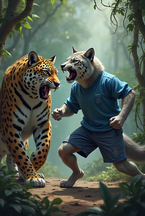 WOLF DRESSED IN BLUE SHORTS AND SWEATSHIRT KILLING A JAGUAR 