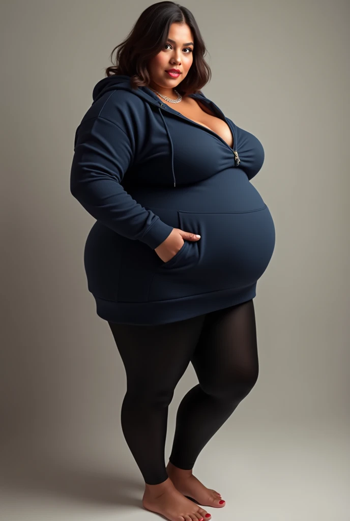 Curvy fat ssbbw Woman with big ass and wide hips, wearing black leggings, and a navy blue hoodie