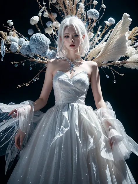 a woman,white hair,upper body,blue eyes,splash of paint,wedding dress made of crystal,intricate design,black background,nude,performance,wide hips