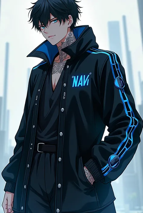 Create an anime man wearing a large black outfit with the name NAVI on the neon blue outfit, with tattoo, anime styling, Bblack hair, calm face
