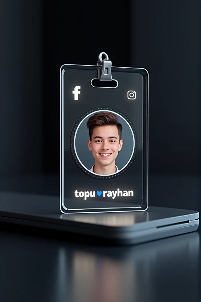 @Rifat hasan:Create a Facebook profile on glass id card on a black desk displaying Instagram logo and realistic profile photo of a teenage boy in circle and "Topu Rayhan