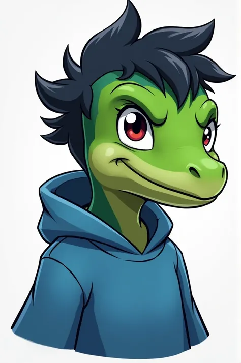  Inspirada em personagem de brawl stars , YouTube profile, green lizard on the head,  wearing blue sweatshirt, with dark eyes and hair 