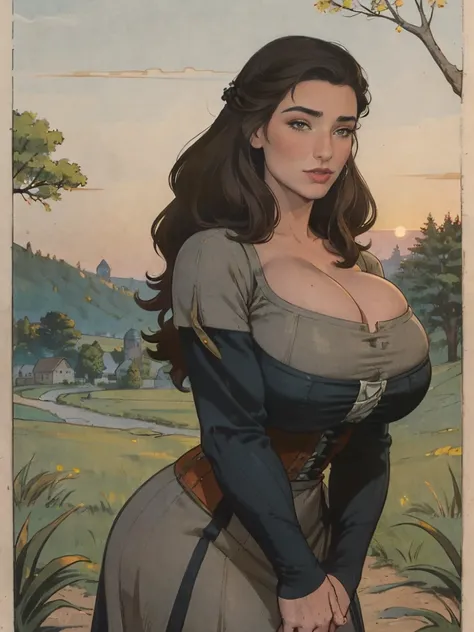 Gorgeous and sultry busty athletic (thin) brunette peasant with sharp facial features wearing a modest updo, medieval hair cover, rough-spun grey and brown medieval dress, long sleeves, wide neck, long dress, tight bodice, corset, Middle Ages, cottage, far...