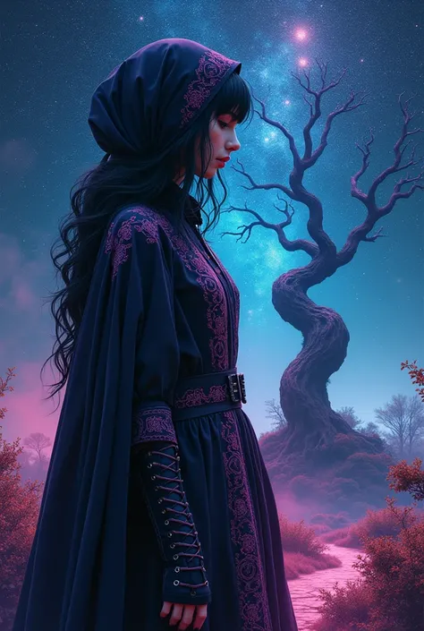 In a mesmerizing blend of Prussian Blue and Bright Pink, this geometric abstract art piece captures the essence of a Folkoric Emo Priestess wearing a dark, flowing gown with intricate embroidery, paired with lace-up boots, a hooded cloak, and fingerless gl...