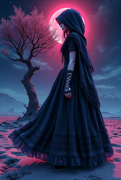 In a mesmerizing blend of Prussian Blue and Bright Pink, this geometric abstract art piece captures the essence of a Folkoric Emo Priestess wearing a dark, flowing gown with intricate embroidery, paired with lace-up boots, a hooded cloak, and fingerless gl...