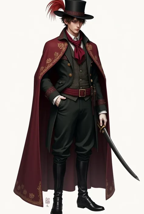 1 white boy, brown hair and black eyes, Is high, stomach 1.70 cm, is thin, He has a tired look. did you see the following:

- Maroon cape with gold embroidery - Long black wool jacket (Approximate length 115-120 cm)
- Black vest (Under the jacket)
- Black ...