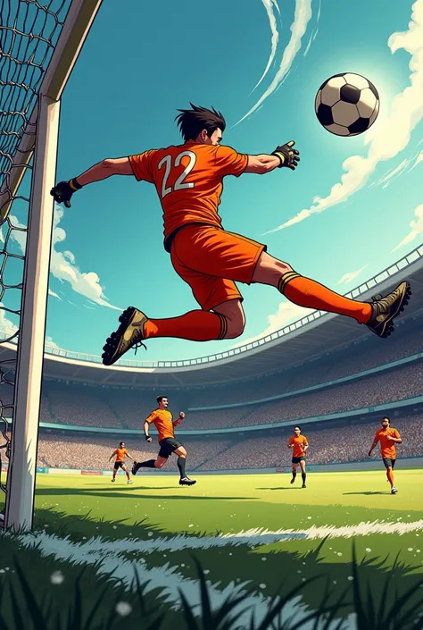 "Close-up of the ball flying towards the opponent&#39;s goal, with the goalkeeper in the orange jersey jumping again to intercept it. There are speed lines that show the fast trajectory of the ball." comic format 