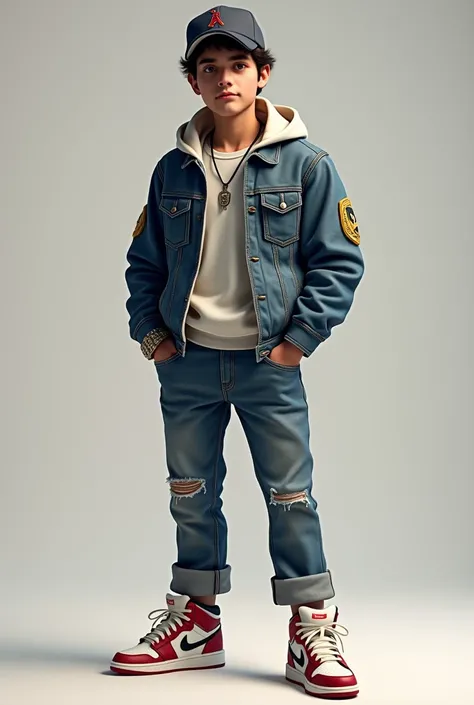 A single teenager boy this teenager boy have a pintu  name  locket this boy dressing style is denim leather jacket and boy have Jordan shoes stylish jeans and his heads have beautiful cap in back side