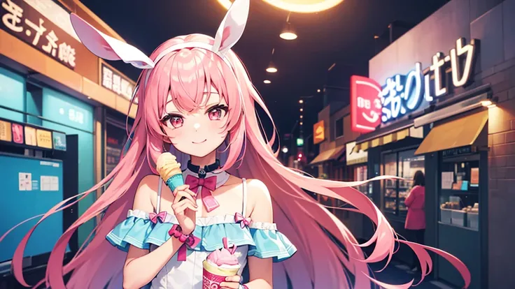 One teenage girl、semi-long、Her hair color is pink.、Holding an ice cream、smile、Bunny ears headband、