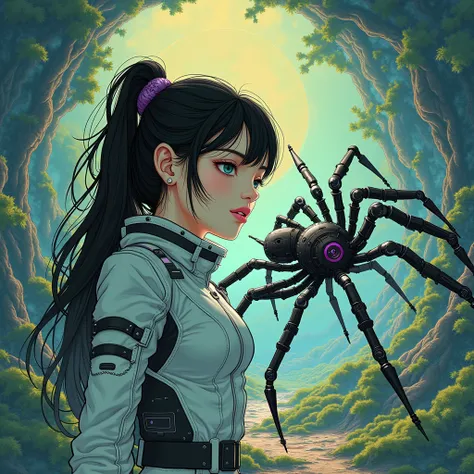 ((pay attention to the plan:1.5, overall plan, whole body:1.5)), 1 beautiful girl in technical clothes, Mechanical Spider, Circles, fractal,(black outline art) Yoshitaka Amano,Travis Charest. Colors, Earth, blue, yellow, green. PURPLE, violet, blue, a high...