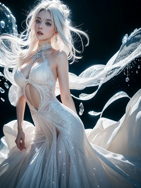 a woman,white hair,upper body,blue eyes,splash of paint,wedding dress made of crystal,intricate design,black background,nude,performance,wide hips