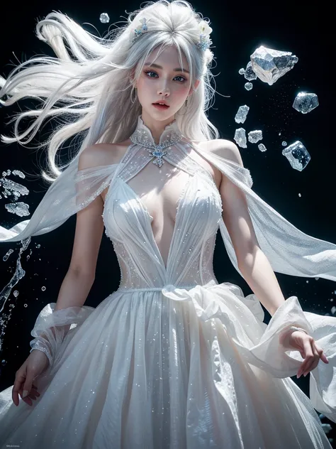 a woman,white hair,upper body,blue eyes,splash of paint,wedding dress made of crystal,intricate design,black background,nude,performance,wide hips