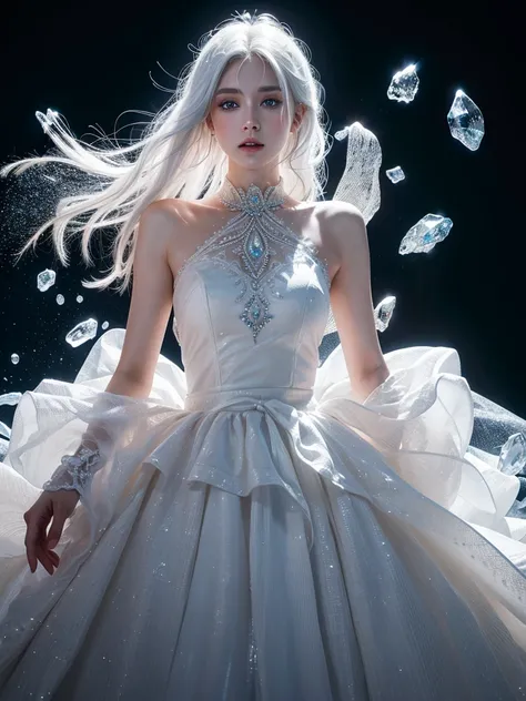 a woman,white hair,upper body,blue eyes,splash of paint,wedding dress made of crystal,intricate design,black background,nude,performance,wide hips