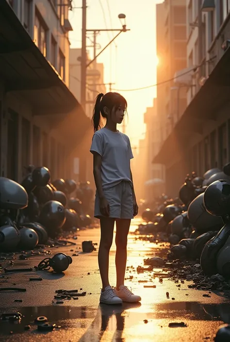 (Photorealism 1.2) ，Photo quality，Original Photography，High detail definition cinematography A girl in a white T-shirt and shorts stands on a city street，Greasy and wet ground，Robot parts and repair tools scattered all over the floor，Morning sun exposure，F...